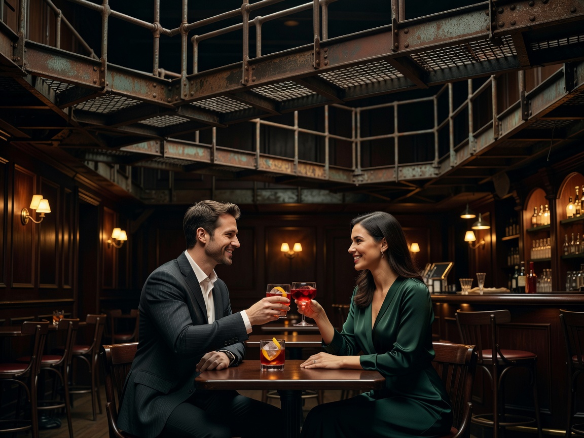 A couple toasting cocktails in a bar with visible iron prison catwalks above