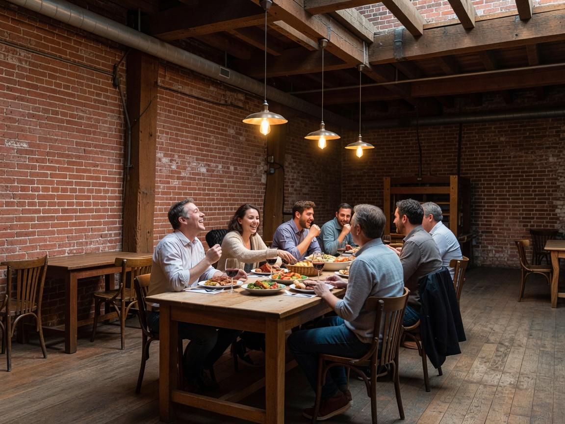 A group enjoying dinner in a warmly lit restaurant that was formerly a textile mill