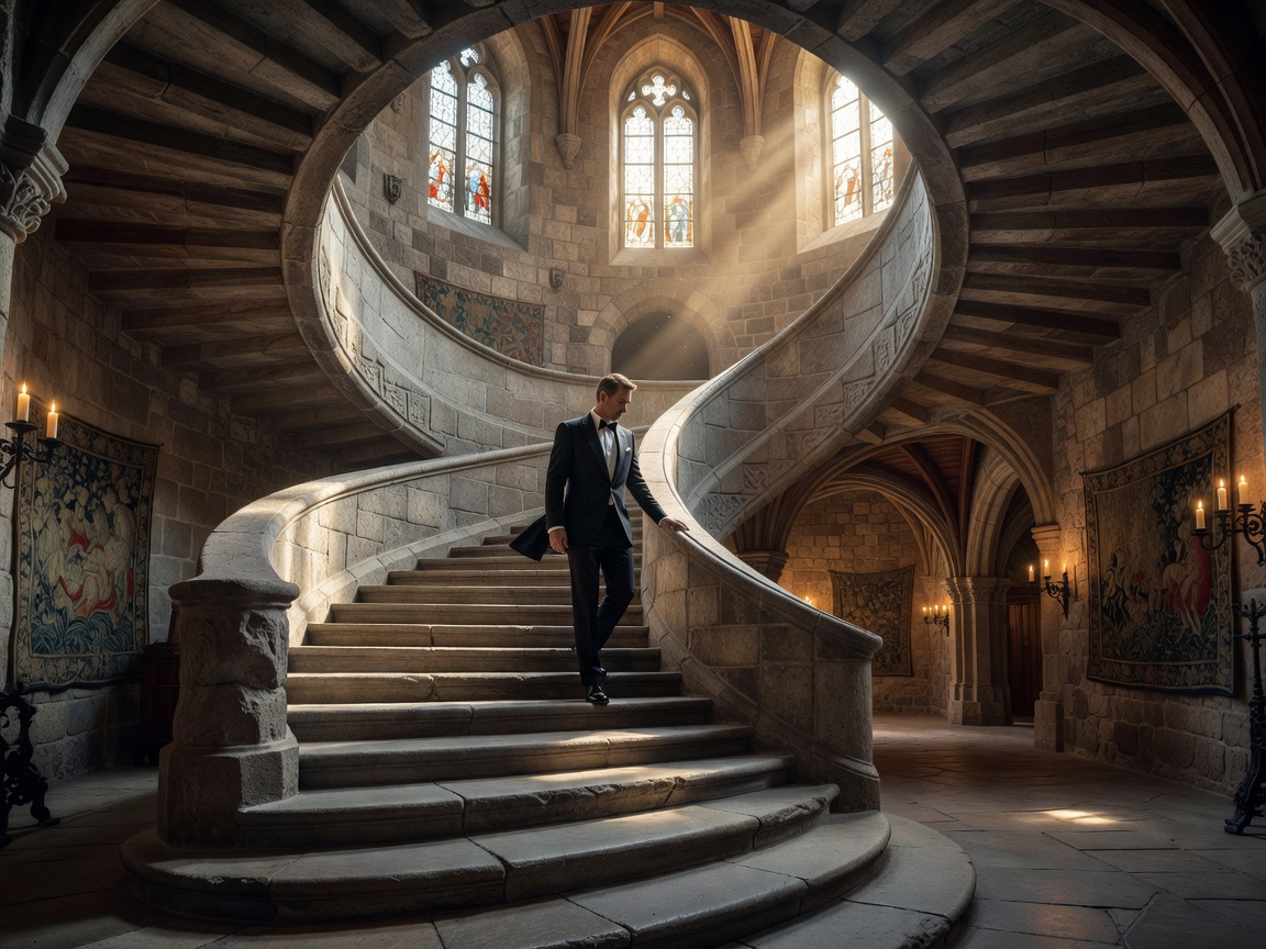 A guest walking down a grand spiral stone staircase in a restored castle