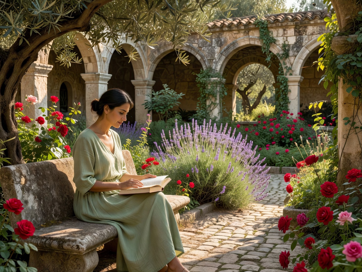 A woman reading a book in a peaceful cloister garden bathed in afternoon light